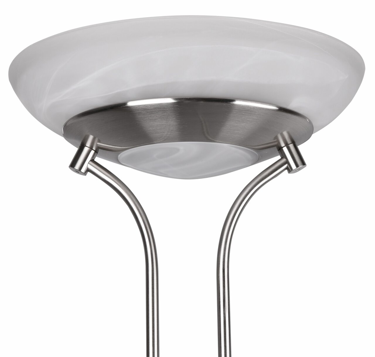 Nahaufnahme eines LED-Fluters ORSON mit 27W+4,5W, silberne Metallhalterung und weißer Lampenschirm, von unten fotografiert.