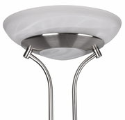 Nahaufnahme eines LED-Fluters ORSON mit 27W+4,5W, silberne Metallhalterung und weißer Lampenschirm, von unten fotografiert.
