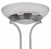 Close-up van een ORSON LED-schijnwerper met 27 W + 4,5 W, zilveren metalen beugel en witte lampenkap, gefotografeerd van onderaf.