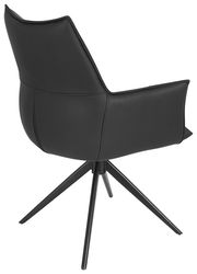 Schwarzer Armlehnstuhl mit modernem Design, Rückansicht, auf vier Metallbeinen.