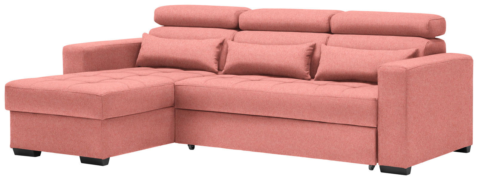 Rote Ecksofa mit verstellbaren Kopfstützen und Kissen, Perspektive von vorne links