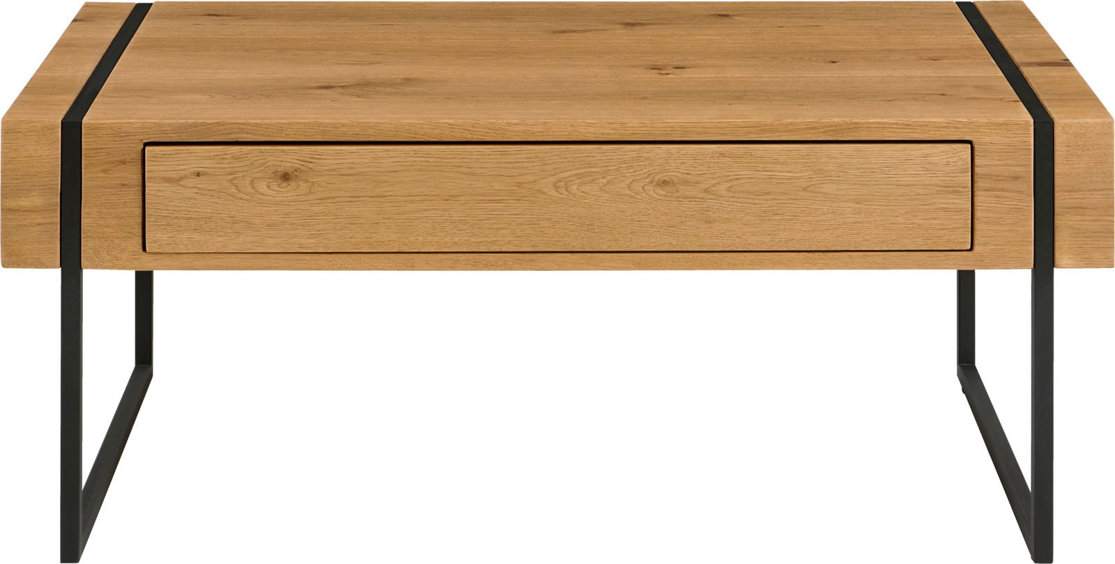 Moderner Couchtisch aus Holz mit Metallbeinen, Frontalansicht