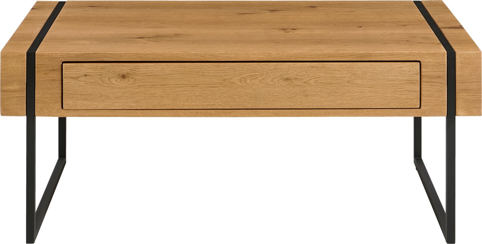 Moderner Couchtisch aus Holz mit Metallbeinen, Frontalansicht