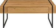 Moderner Couchtisch aus Holz mit Metallbeinen, Frontalansicht