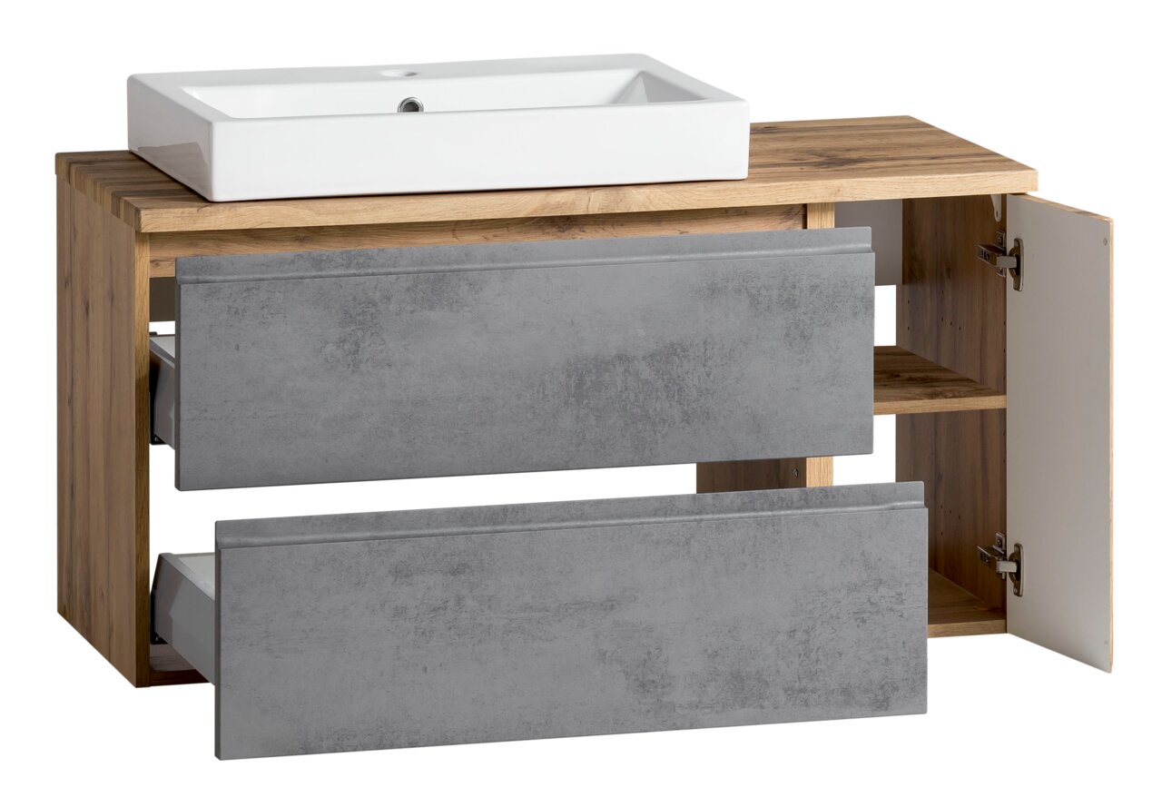 XORA Waschtisch-Set VARESE Waschtisch-Set mit weißem Waschbecken und Holzoptik, graue Schubladenfronten, geöffnete Tür, seitliche Perspektive