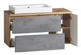 Waschtisch-Set mit weißem Waschbecken und Holzoptik, graue Schubladenfronten, geöffnete Tür, seitliche Perspektive