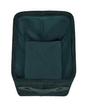 Dunkelgrüner Badkorb Anela mini, Ansicht von oben, rechteckige Form mit Stoffauskleidung.