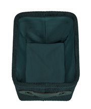 Dunkelgrüner Badkorb Anela mini, Ansicht von oben, rechteckige Form mit Stoffauskleidung.