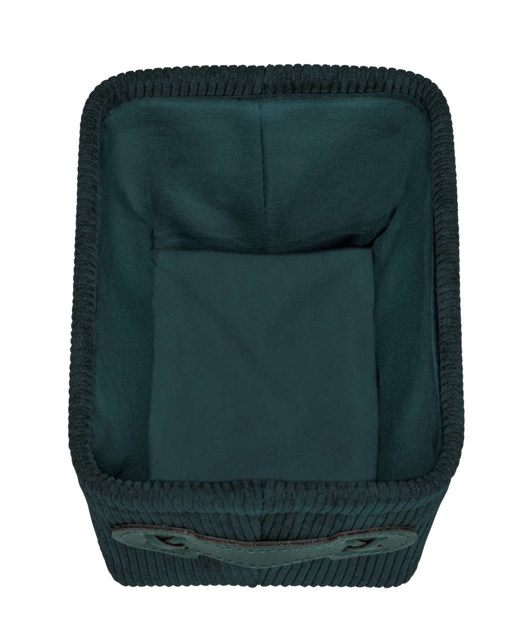 Dunkelgrüner Badkorb Anela mini, Ansicht von oben, rechteckige Form mit Stoffauskleidung.