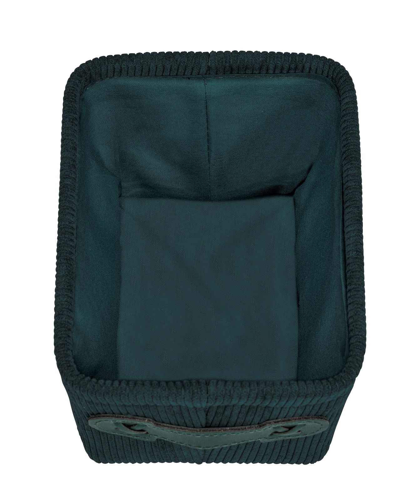 Dunkelgrüner Badkorb Anela mini, Ansicht von oben, rechteckige Form mit Stoffauskleidung.