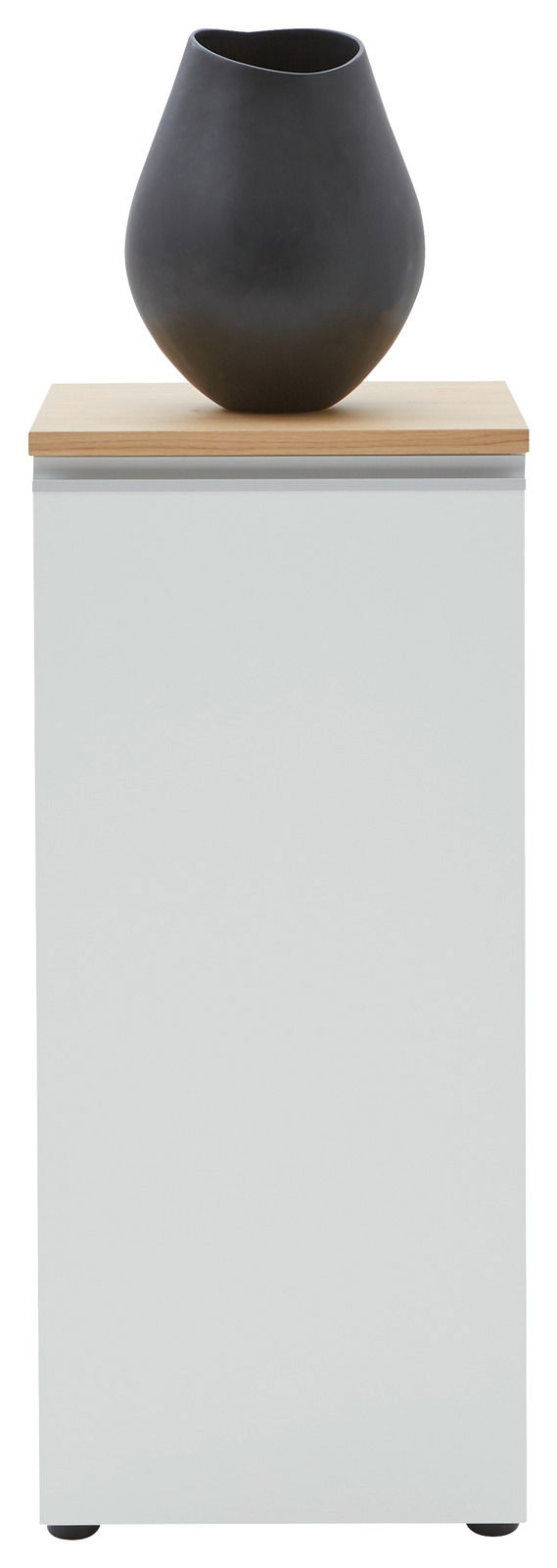 Frontansicht einer modernen, weißen Kommode mit einer schwarzen Vase auf der Holzoberfläche.