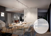 Moderne Stromeinspeisung in einem stilvollen Esszimmer, Deckenperspektive