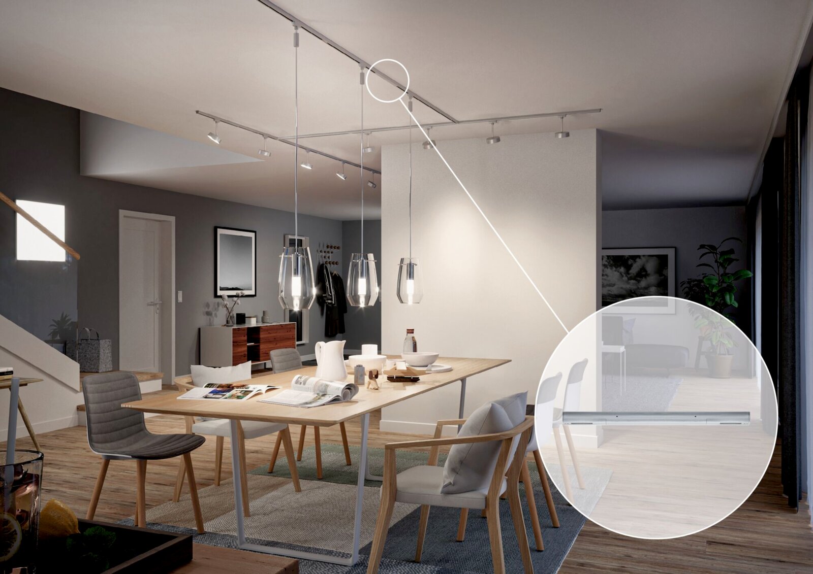 Moderne Stromeinspeisung in einem stilvollen Esszimmer, Deckenperspektive