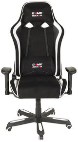 Schwarzer Gaming Stuhl mit weißen Akzenten, Vorderansicht