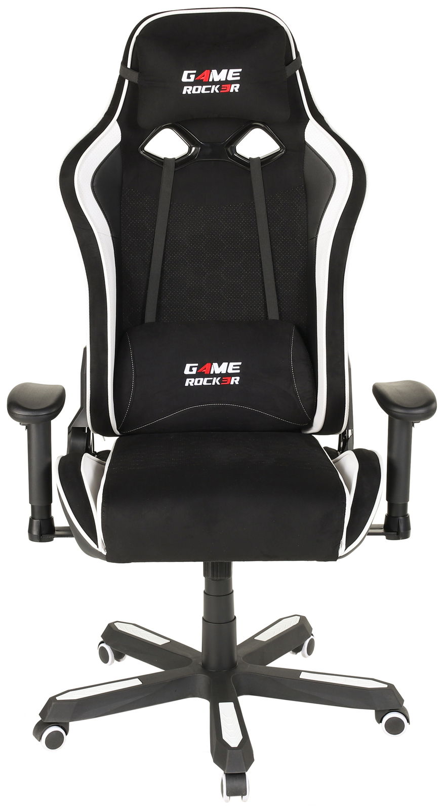 Schwarzer Gaming Stuhl mit weißen Akzenten, Vorderansicht