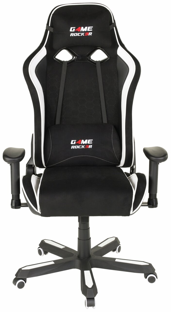 Schwarzer Gaming Stuhl mit weißen Akzenten, Vorderansicht