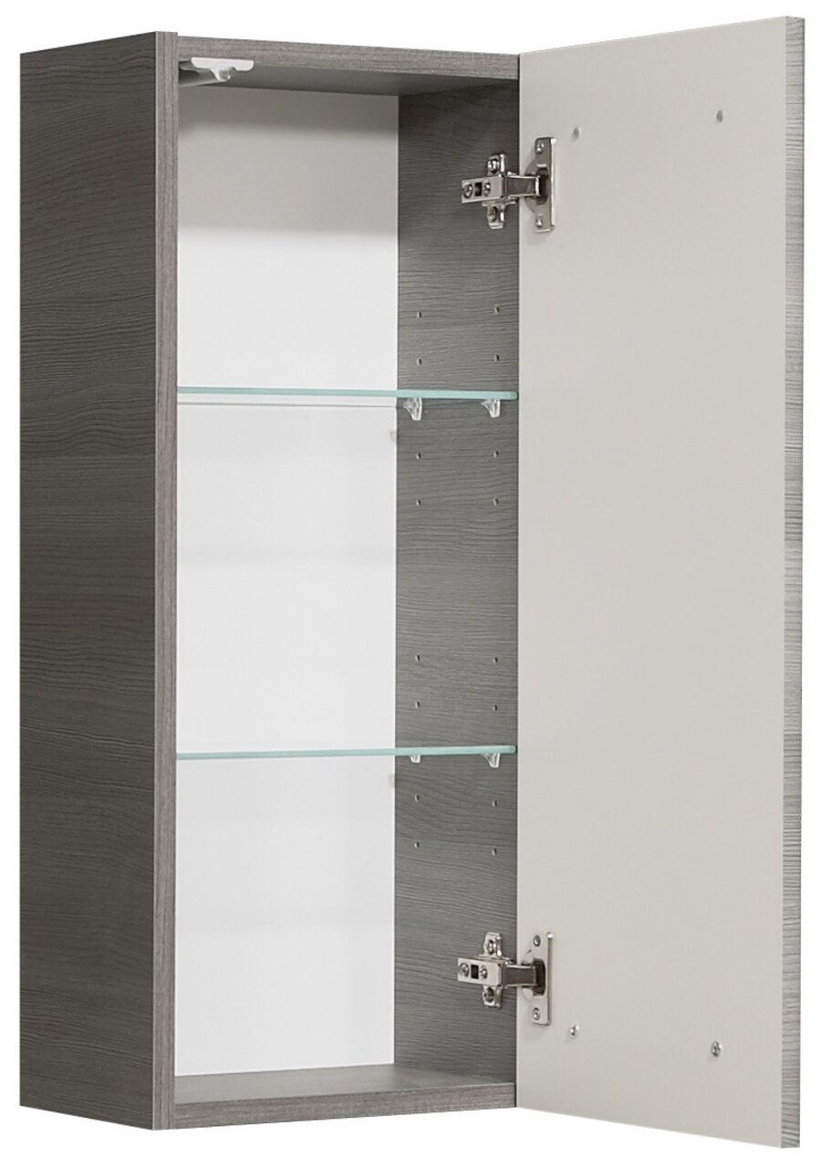 Geöffneter Wandschrank mit zwei Glasböden, seitliche Perspektive