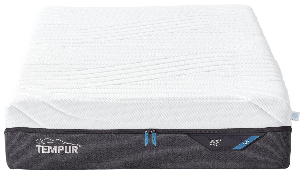 Viscomatratze 140x200 soft von vorne, mit weißer Oberfläche und grauem Rand, TEMPUR-Logo sichtbar