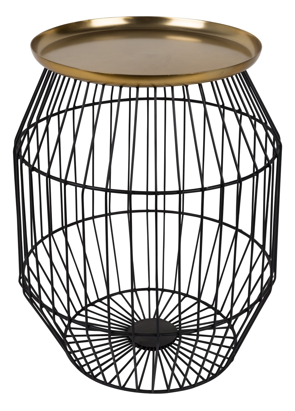 Moderner Beistelltisch mit schwarzem Drahtgestell und goldener Tischplatte, seitliche Perspektive