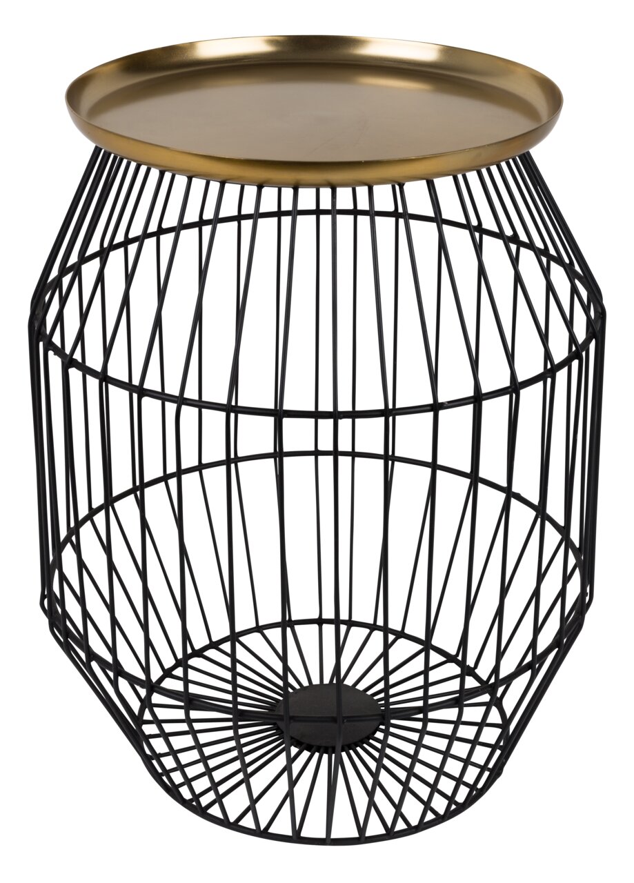 Moderner Beistelltisch mit schwarzem Drahtgestell und goldener Tischplatte, seitliche Perspektive