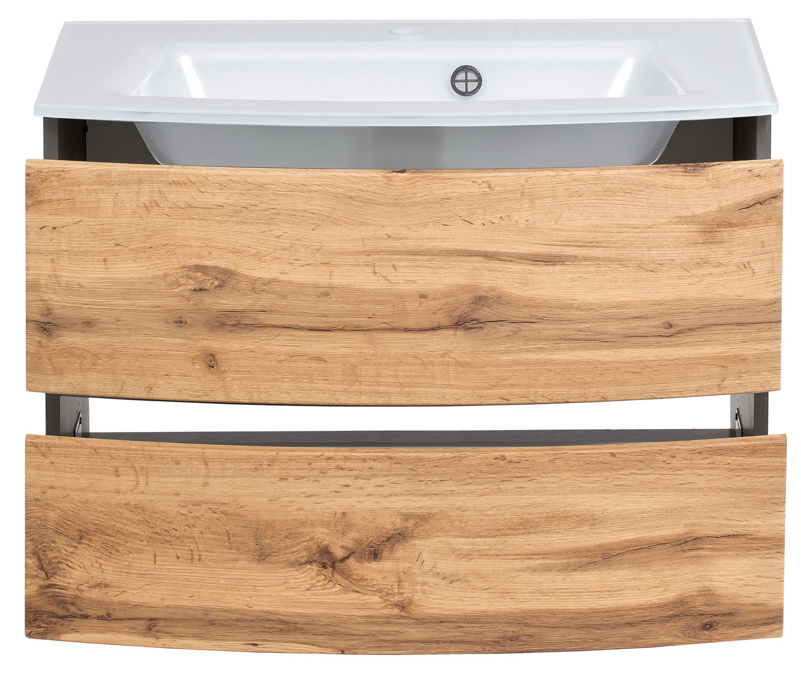 XORA Waschtisch-Set KOPENHAGEN Frontansicht eines Waschtisch-Sets mit Holzoptik und weißem Waschbecken.