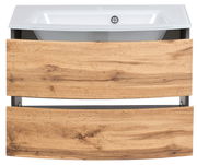 Frontansicht eines Waschtisch-Sets mit Holzoptik und weißem Waschbecken.