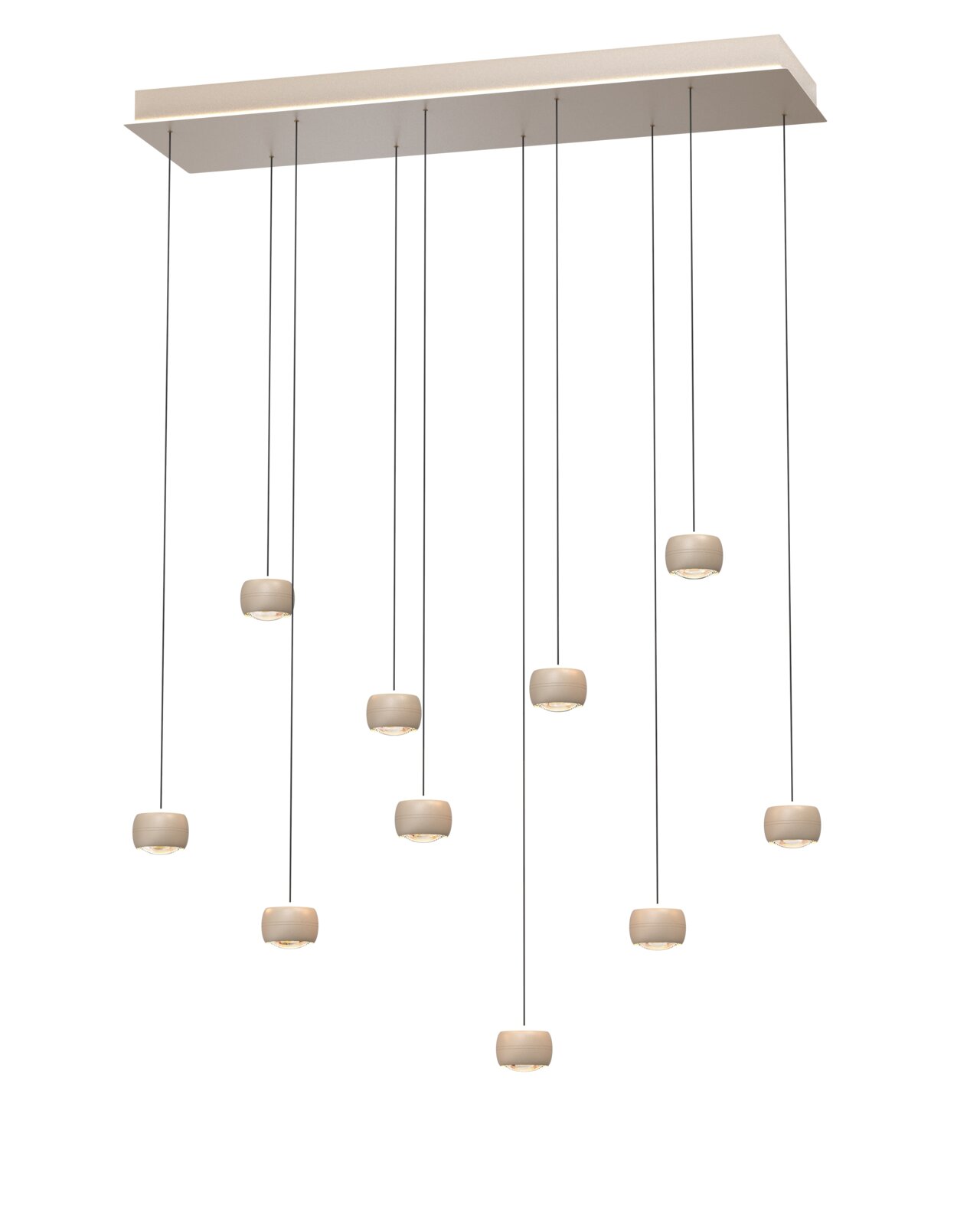 Moderne LED-Pendelleuchte mit neun hängenden Lichtelementen, seitliche Perspektive