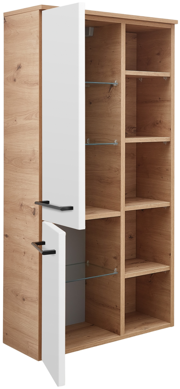 Midischrank aus Holz mit zwei offenen Türen, Glasböden und Holzregalen, seitliche Perspektive