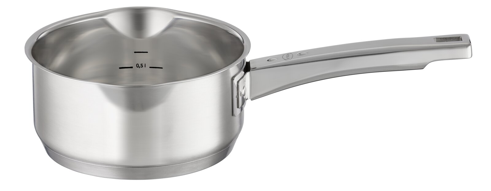 Edelstahl-Stielkasserolle mit Ausguss und Messskala, seitliche Perspektive