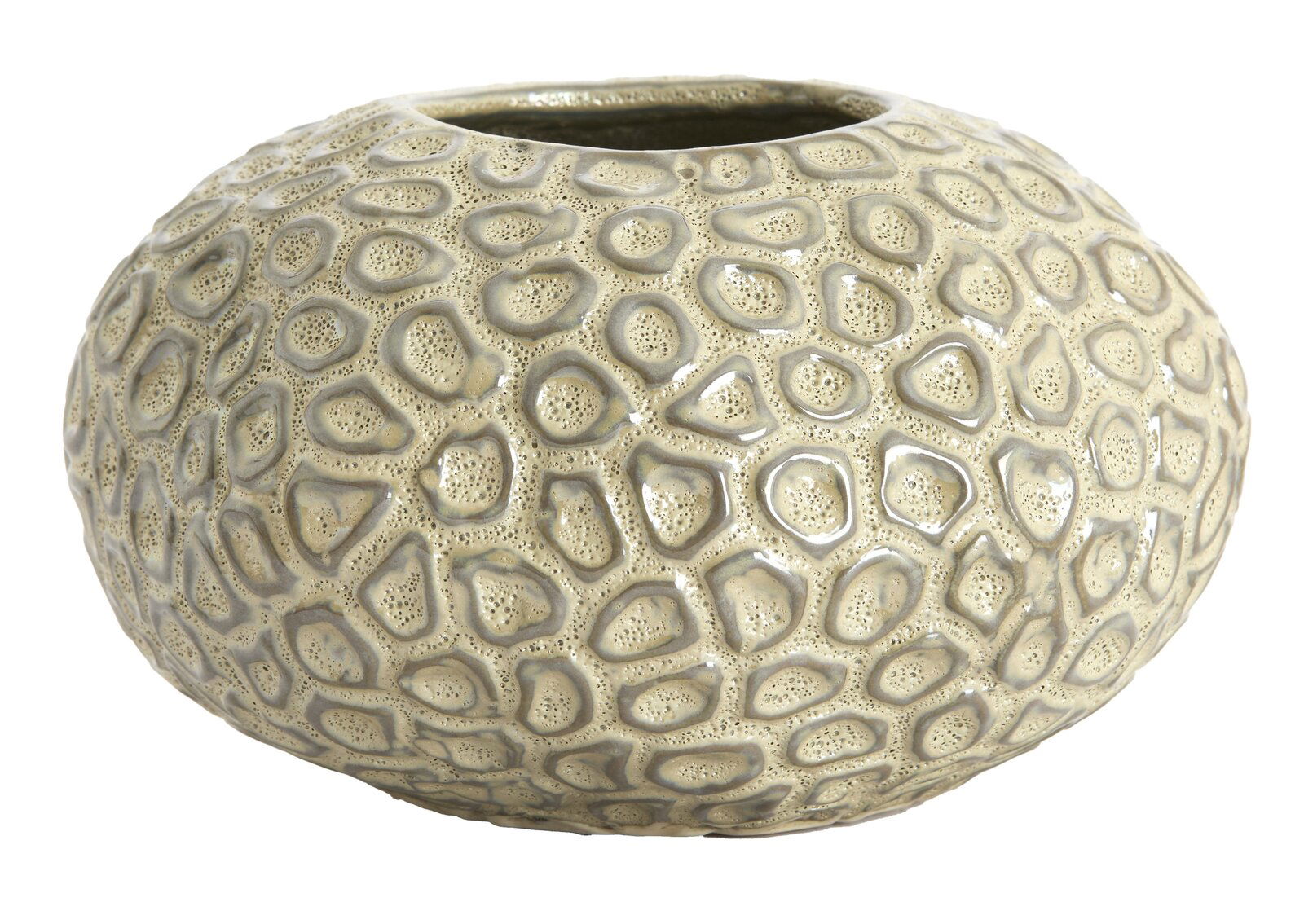 Light&Living Teelicht CAREZZA 9,5cm Nahaufnahme eines runden, strukturierten Teelichthalters mit organischem Muster in beige-grauer Farbe, von schräg oben betrachtet.