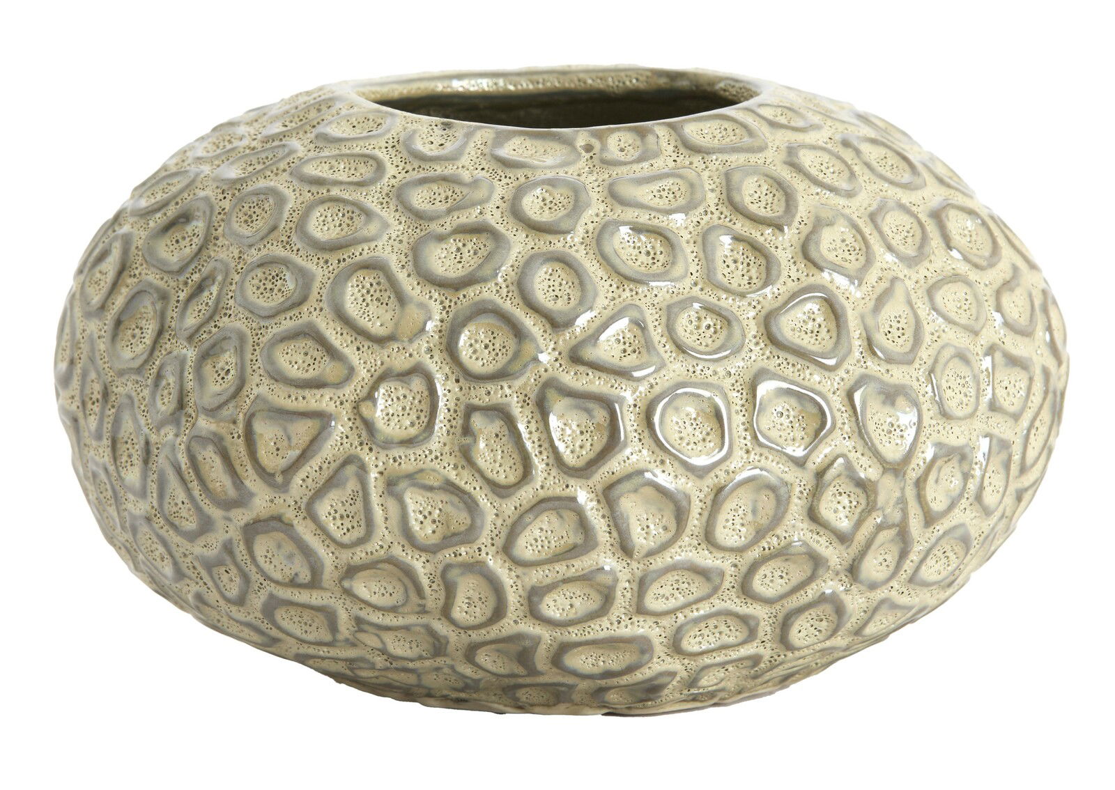 Light&Living Teelicht CAREZZA 9,5cm Nahaufnahme eines runden, strukturierten Teelichthalters mit organischem Muster in beige-grauer Farbe, von schräg oben betrachtet.