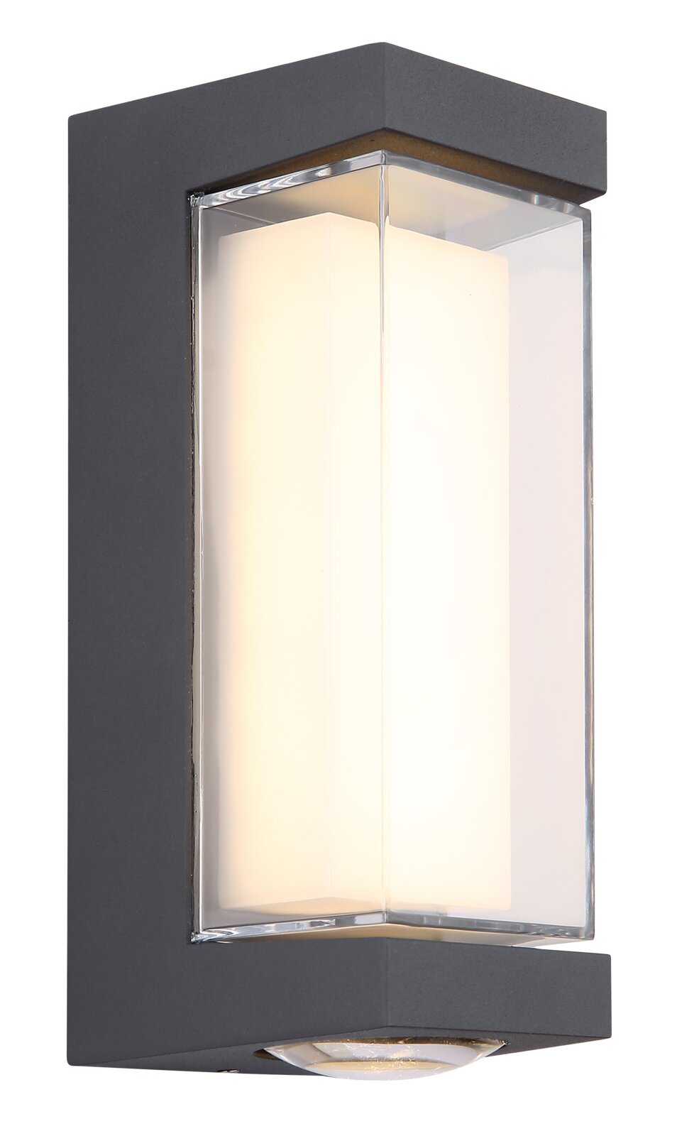 Moderne LED-Außenwandleuchte in rechteckigem Design, seitliche Perspektive