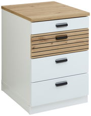 Rollcontainer mit vier Schubladen, obere Schublade aus Holz mit horizontalen Linien, restliche Schubladen weiß, Perspektive von vorne links