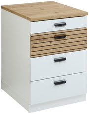 Rollcontainer mit vier Schubladen, obere Schublade aus Holz mit horizontalen Linien, restliche Schubladen weiß, Perspektive von vorne links