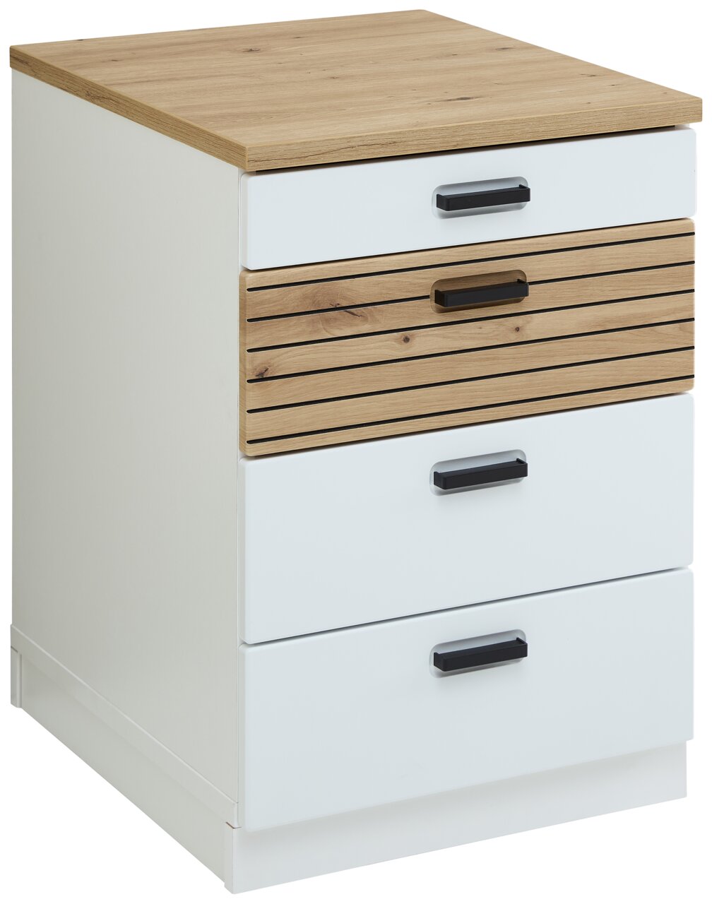 Rollcontainer mit vier Schubladen, obere Schublade aus Holz mit horizontalen Linien, restliche Schubladen weiß, Perspektive von vorne links