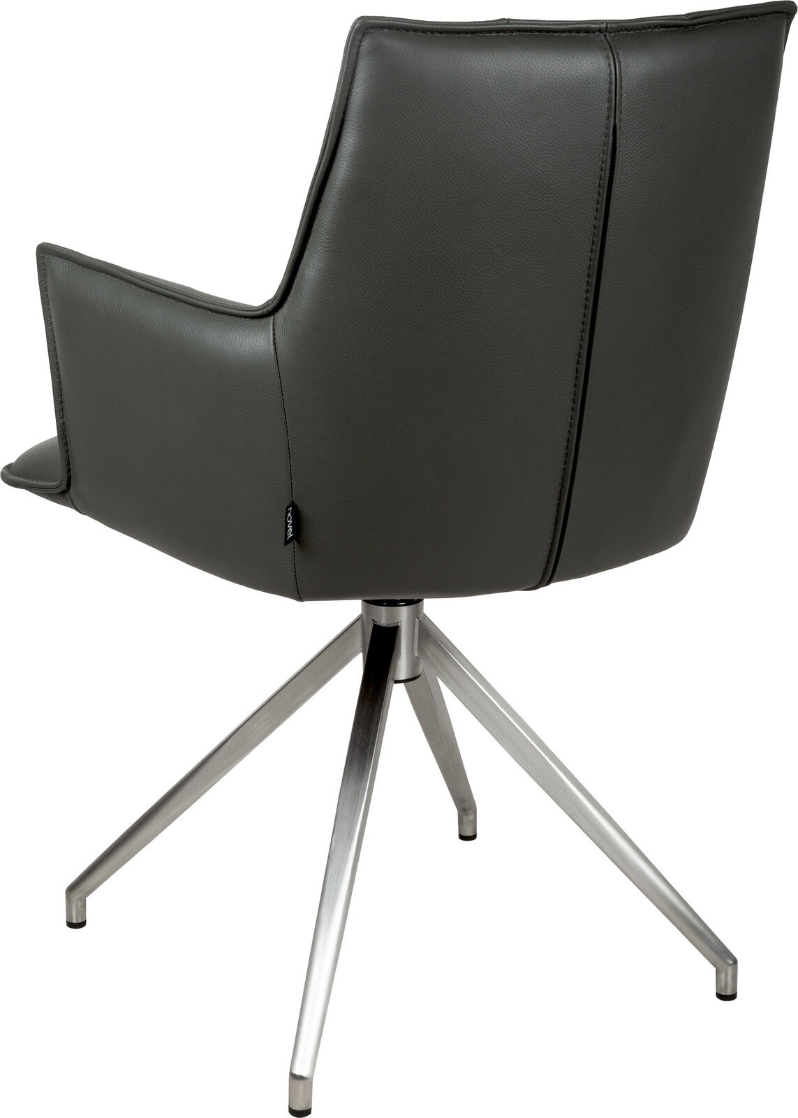 Dunkelgrauer Polster-Drehstuhl mit Armlehnen und gebürstetem Metall-Fußkreuz, Ansicht von hinten schräg links