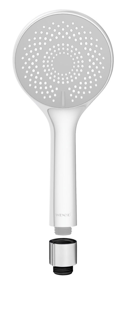 Wenko Water Saving Regulator Duschkopf mit Wasserersparnisregler, Ansicht von vorne, chromfarben.