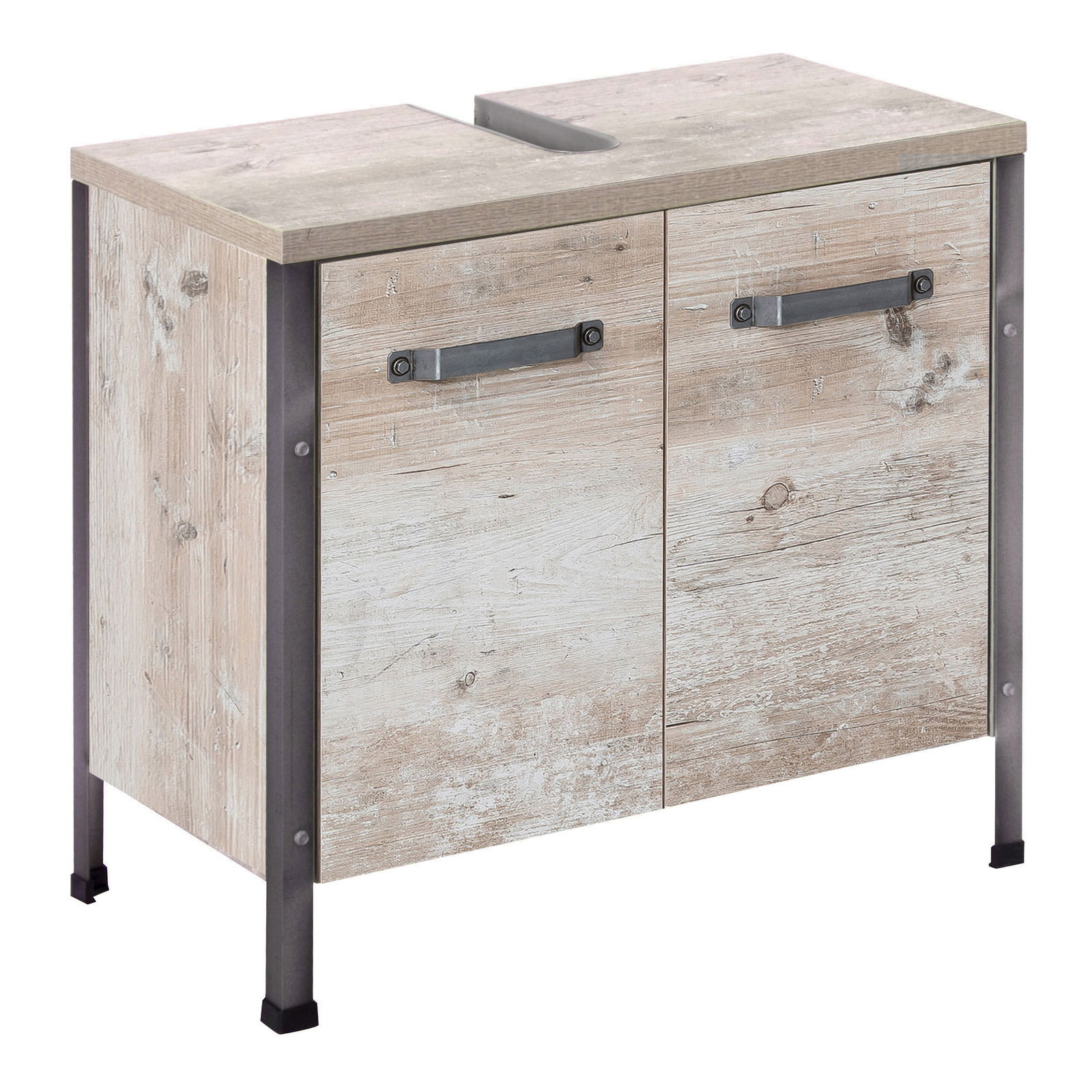 Waschbeckenunterschrank aus Holz mit zwei Türen und Metallgriffen, seitliche Perspektive