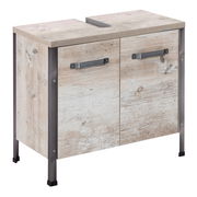 Waschbeckenunterschrank aus Holz mit zwei Türen und Metallgriffen, seitliche Perspektive