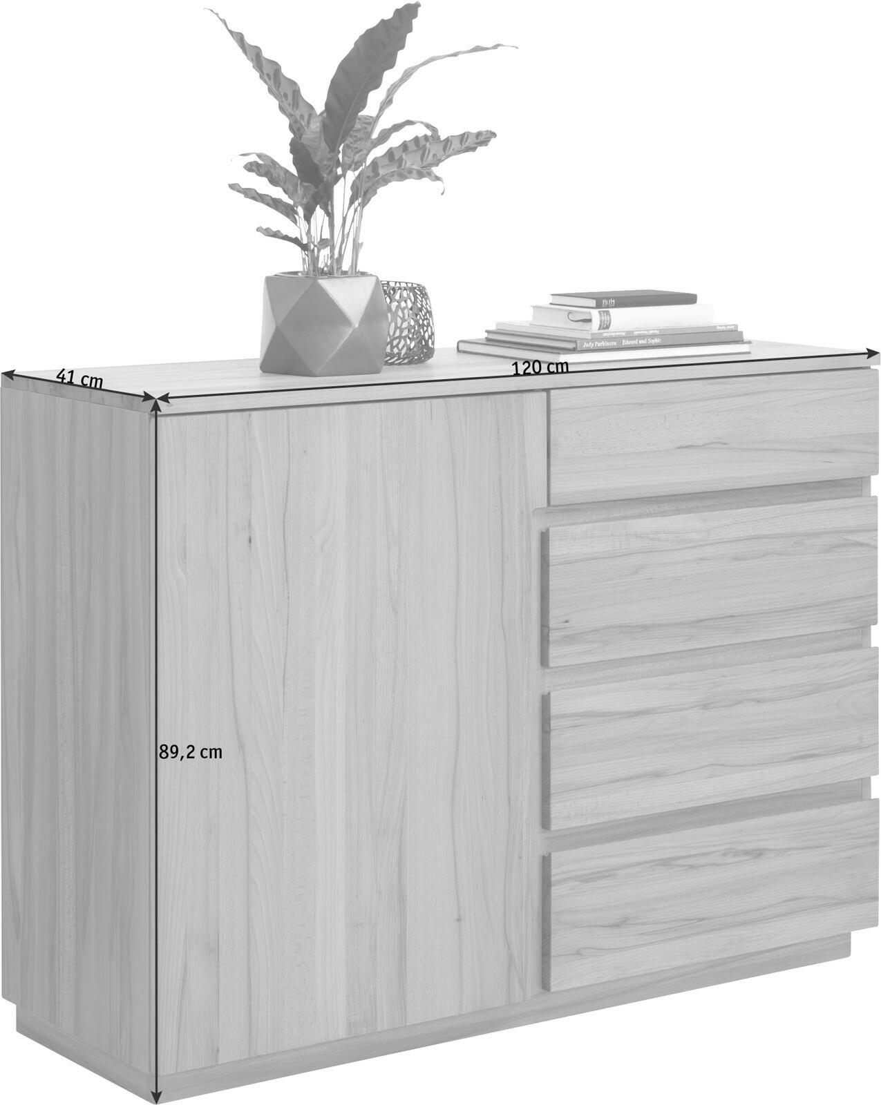 Kommode aus Holz mit drei Schubladen und einer Tür, dekoriert mit einer Pflanze und Büchern, seitliche Perspektive