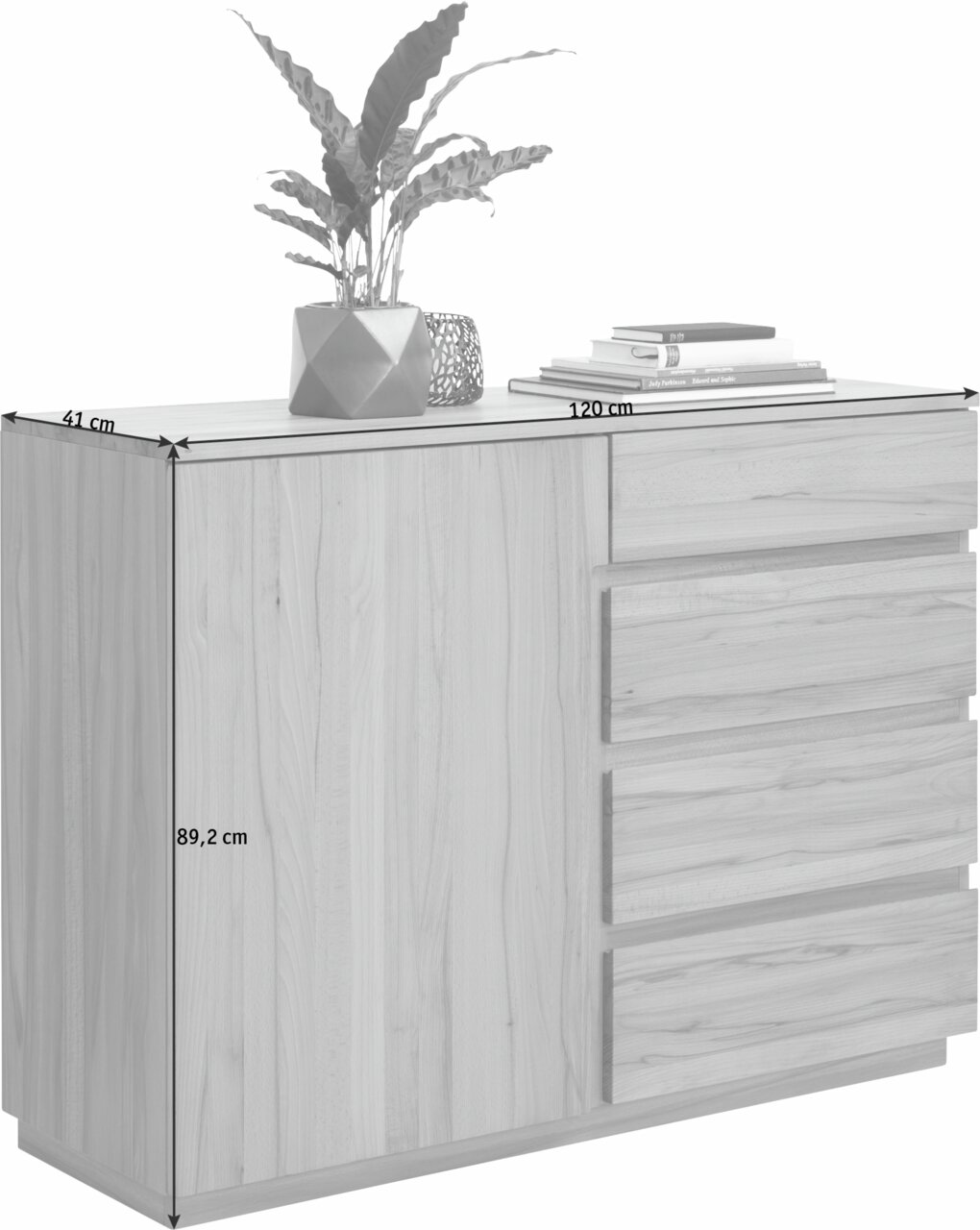 Kommode aus Holz mit drei Schubladen und einer Tür, dekoriert mit einer Pflanze und Büchern, seitliche Perspektive