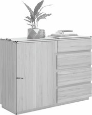 Kommode aus Holz mit drei Schubladen und einer Tür, dekoriert mit einer Pflanze und Büchern, seitliche Perspektive