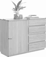 Kommode aus Holz mit drei Schubladen und einer Tür, dekoriert mit einer Pflanze und Büchern, seitliche Perspektive