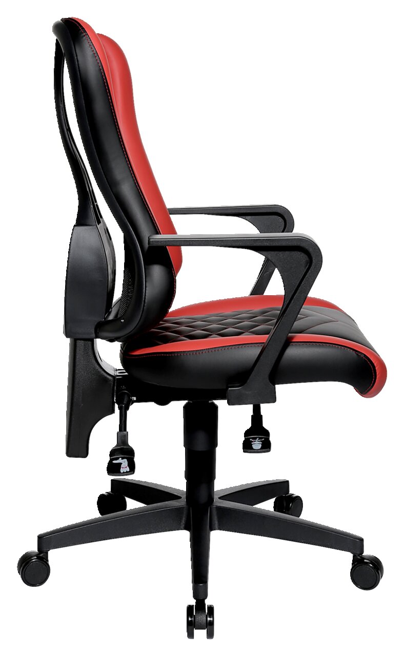 Seitliche Ansicht eines Racing Bürostuhls in Schwarz und Rot mit Armlehnen und Rollen.