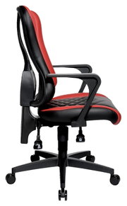 Seitliche Ansicht eines Racing Bürostuhls in Schwarz und Rot mit Armlehnen und Rollen.