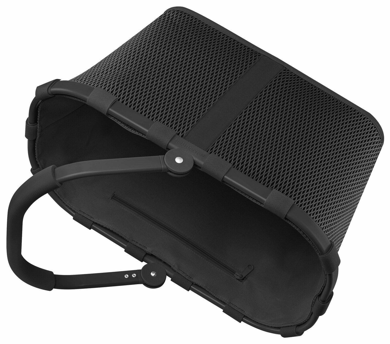 Schwarzer Einkaufskorb aus Netzmaterial mit stabilem Griff, von oben betrachtet.