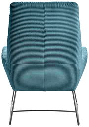 Rückansicht eines Sessels mit türkisfarbenem, geripptem Stoffbezug und schlanken Metallbeinen.