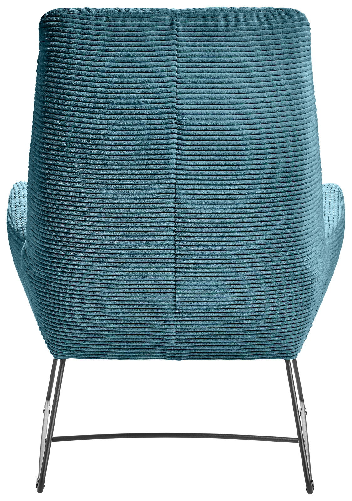 Rückansicht eines Sessels mit türkisfarbenem, geripptem Stoffbezug und schlanken Metallbeinen.