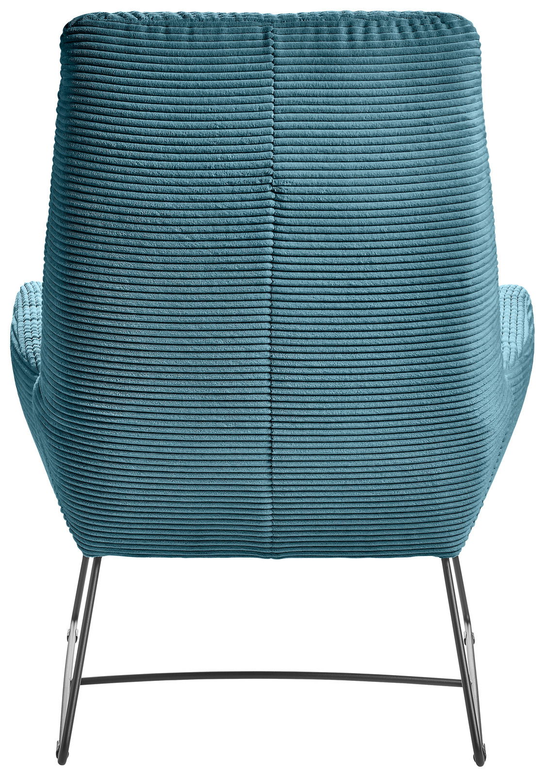Rückansicht eines Sessels mit türkisfarbenem, geripptem Stoffbezug und schlanken Metallbeinen.