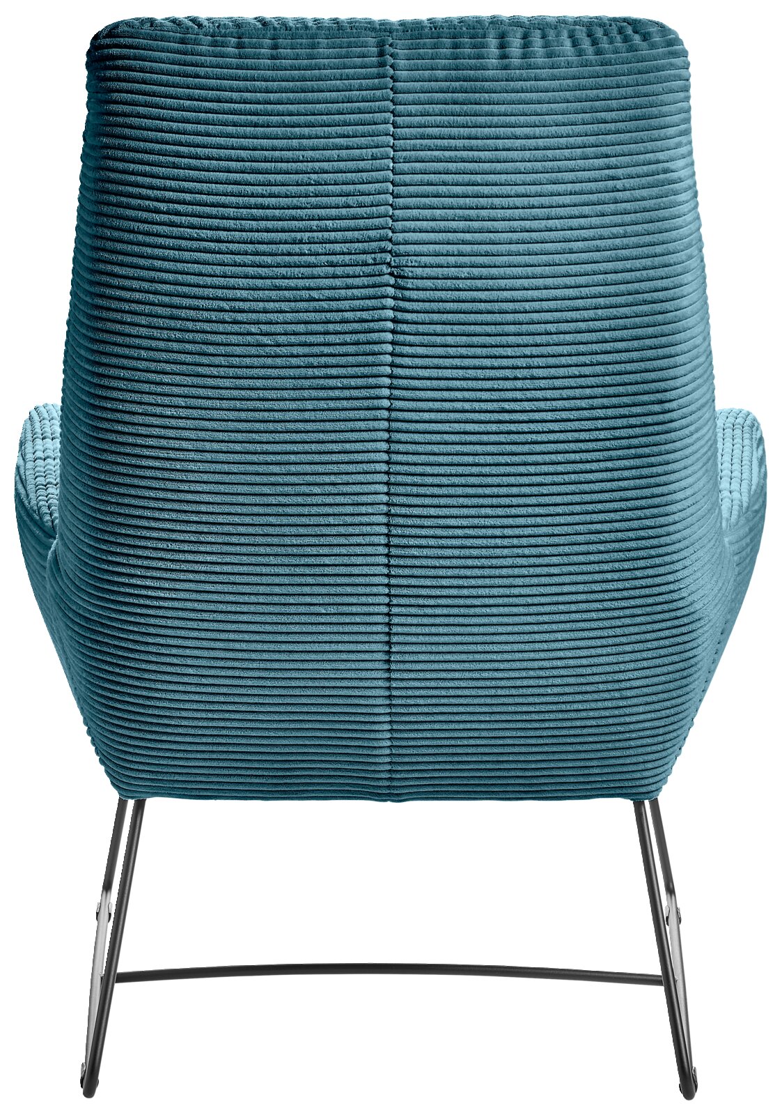 Achterkant van een fauteuil met een turquoise, geribbelde stoffen bekleding en slanke metalen poten.